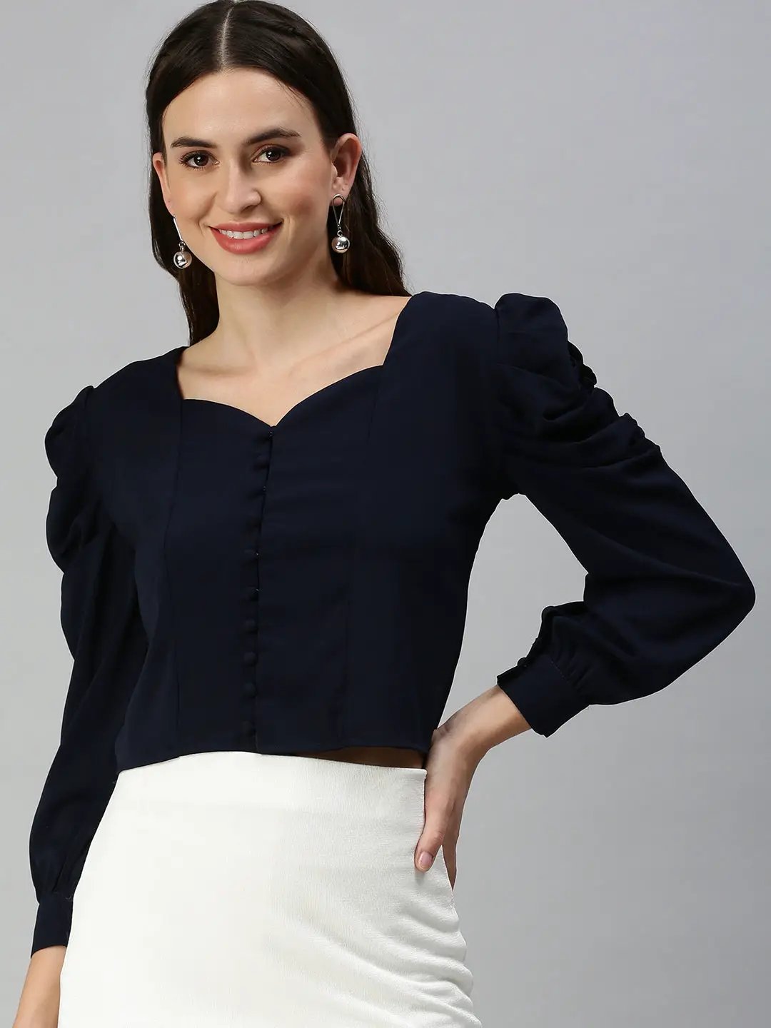 Women's Navy Blue Solid Crop Tops
