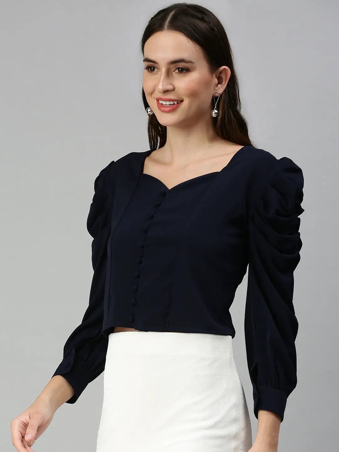 Women's Navy Blue Solid Crop Tops