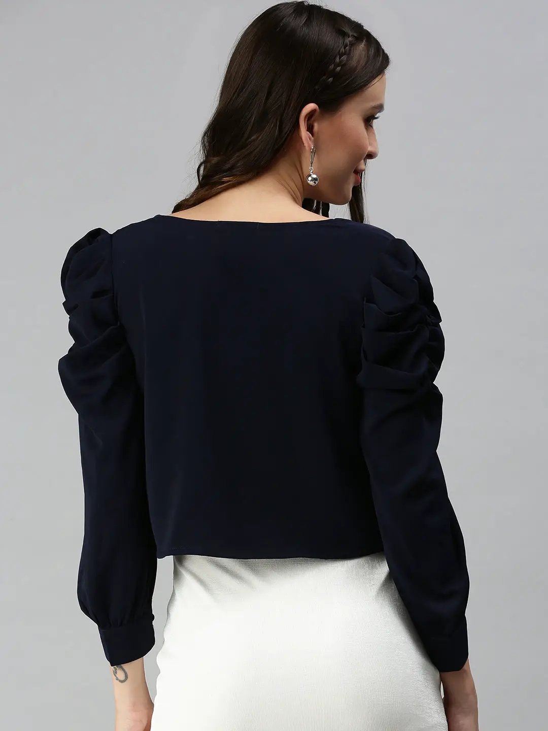 Women's Navy Blue Solid Crop Tops