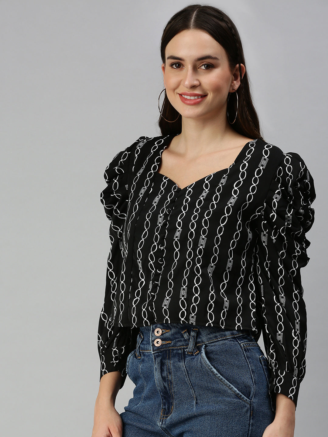 Women's Black Geometric Printed Sweetheart Neck Crepe Top