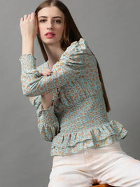 Women's Sea Green Floral Printed V-Neck Georgette Peplum Top