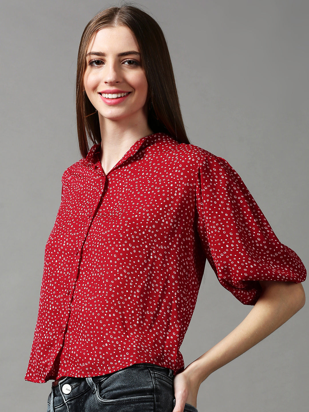 Women's Maroon Geometric Print Mandarin Collar Georgette Shirt Style Top