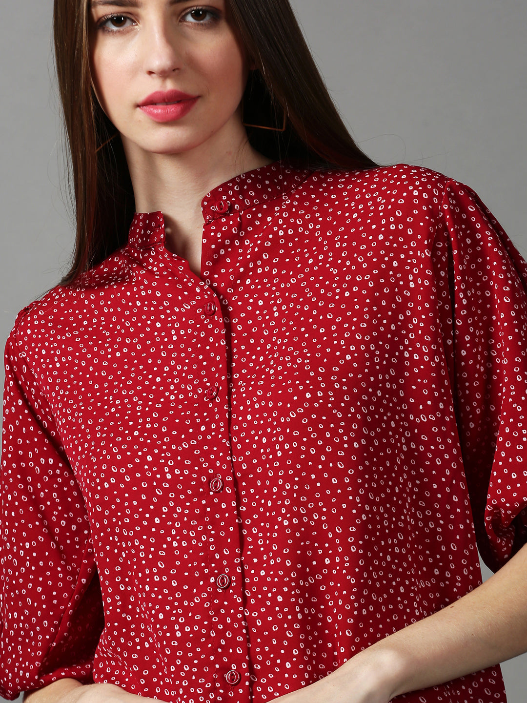 Women's Maroon Geometric Print Mandarin Collar Georgette Shirt Style Top