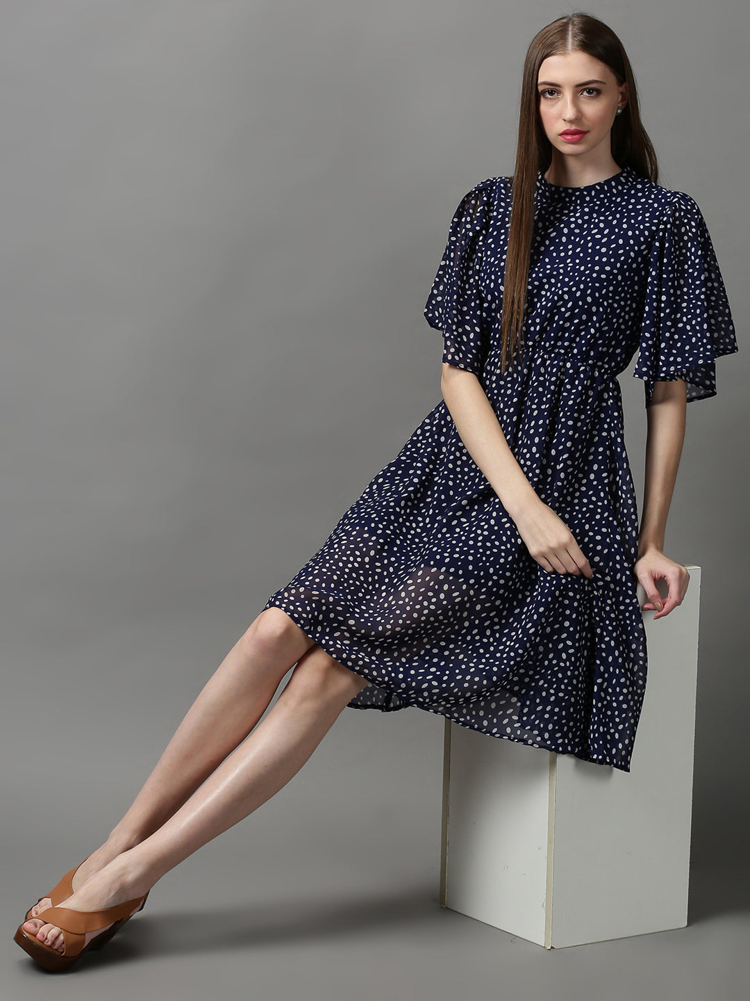 Women's Blue Printed Fit and Flare Dress