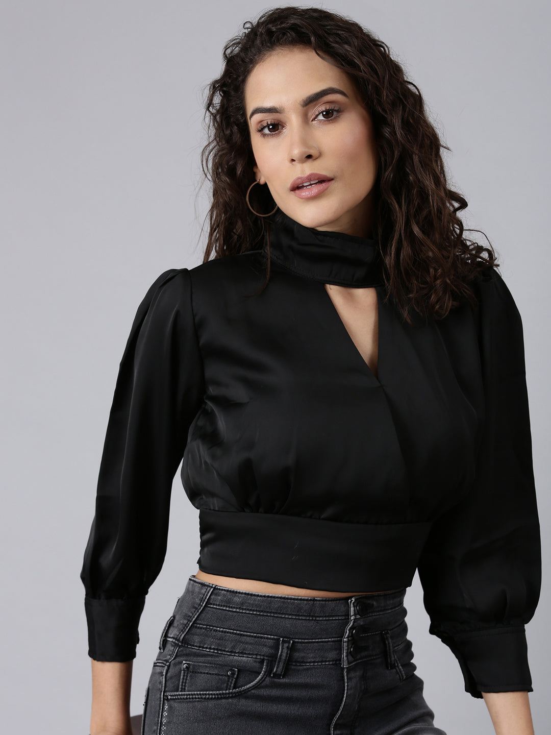 Women Black Solid BlousonCrop Top