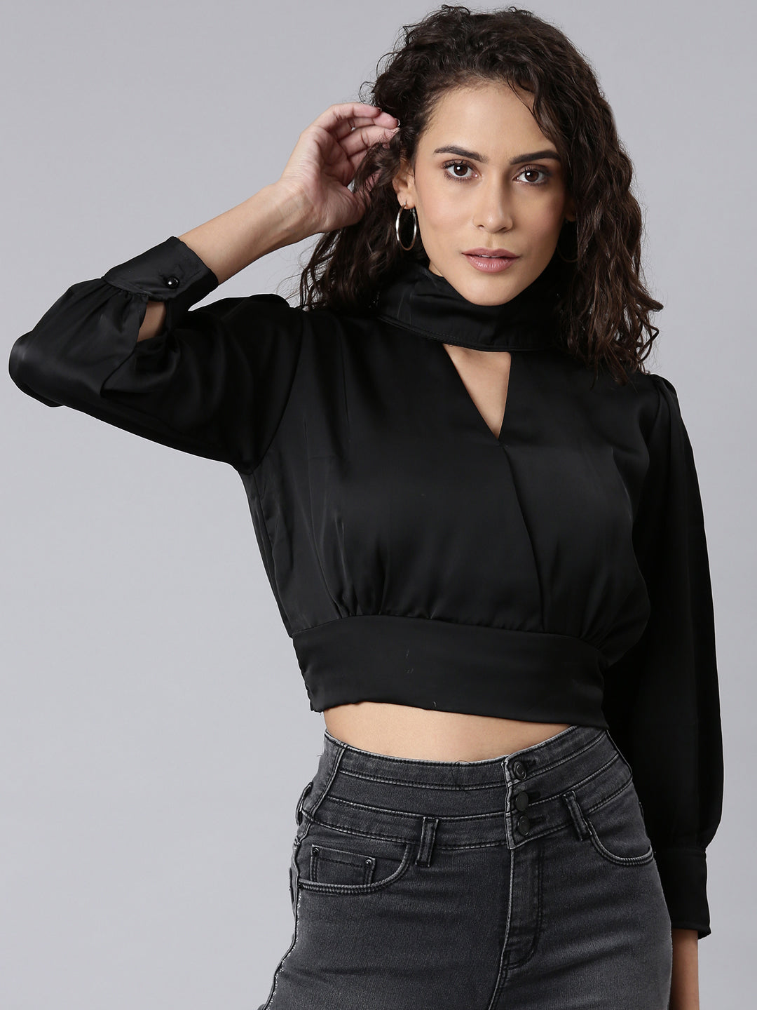 Women Black Solid BlousonCrop Top