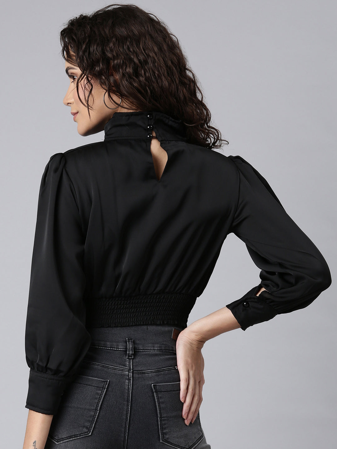 Women Black Solid BlousonCrop Top