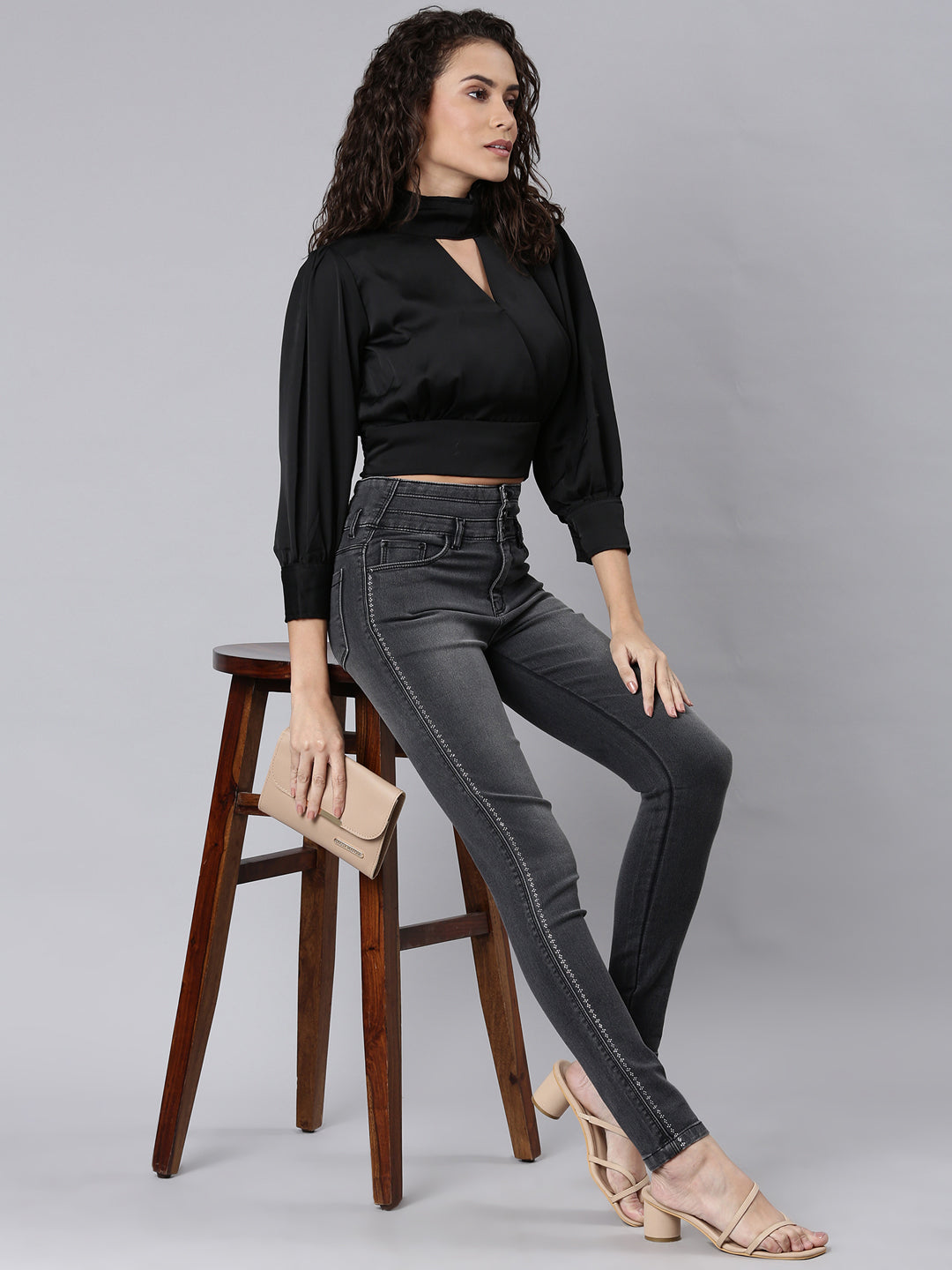 Women Black Solid BlousonCrop Top