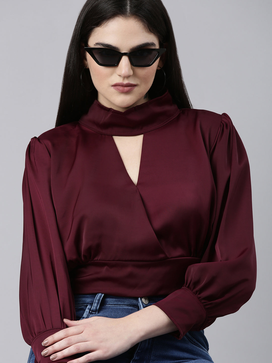 Solid Keyhole Neck Violet Cinched Waist Regular Top