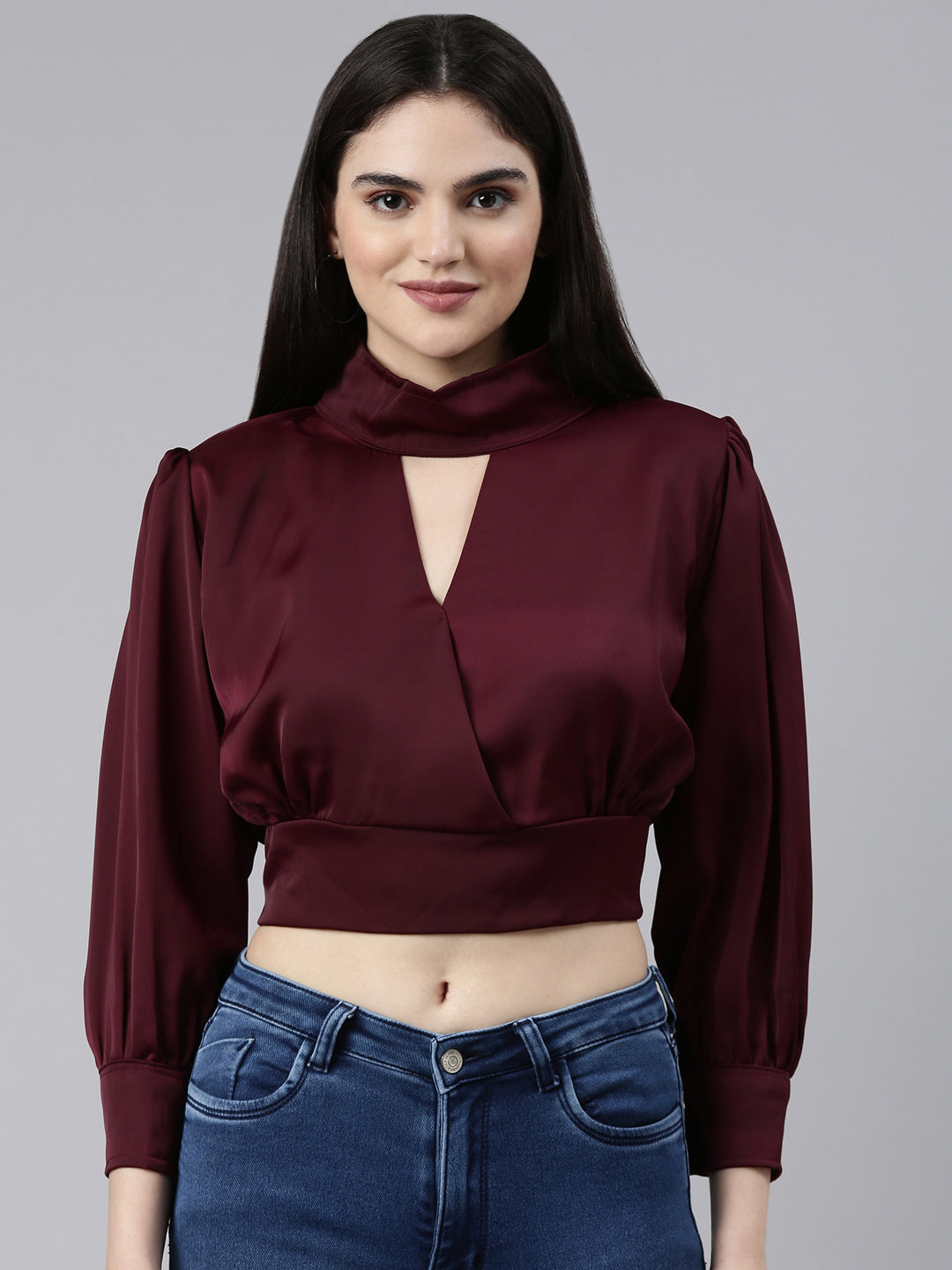 Solid Keyhole Neck Violet Cinched Waist Regular Top