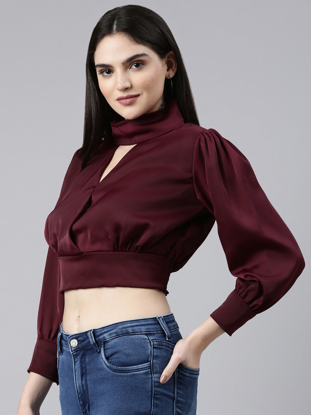 Solid Keyhole Neck Violet Cinched Waist Regular Top