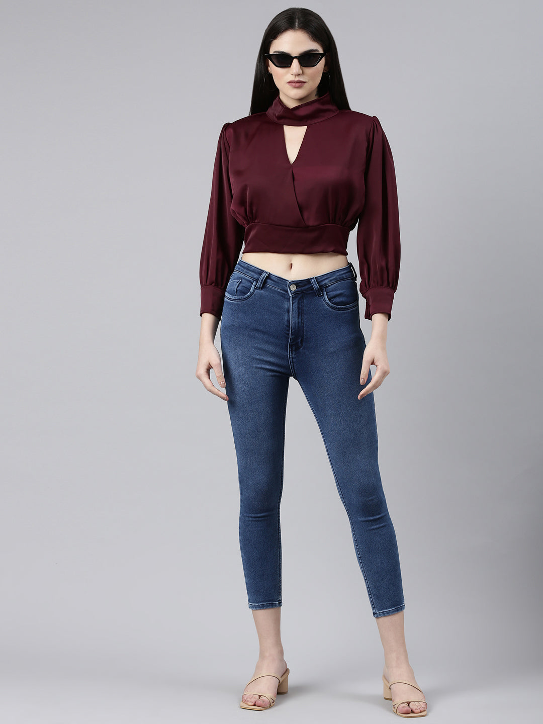 Solid Keyhole Neck Violet Cinched Waist Regular Top