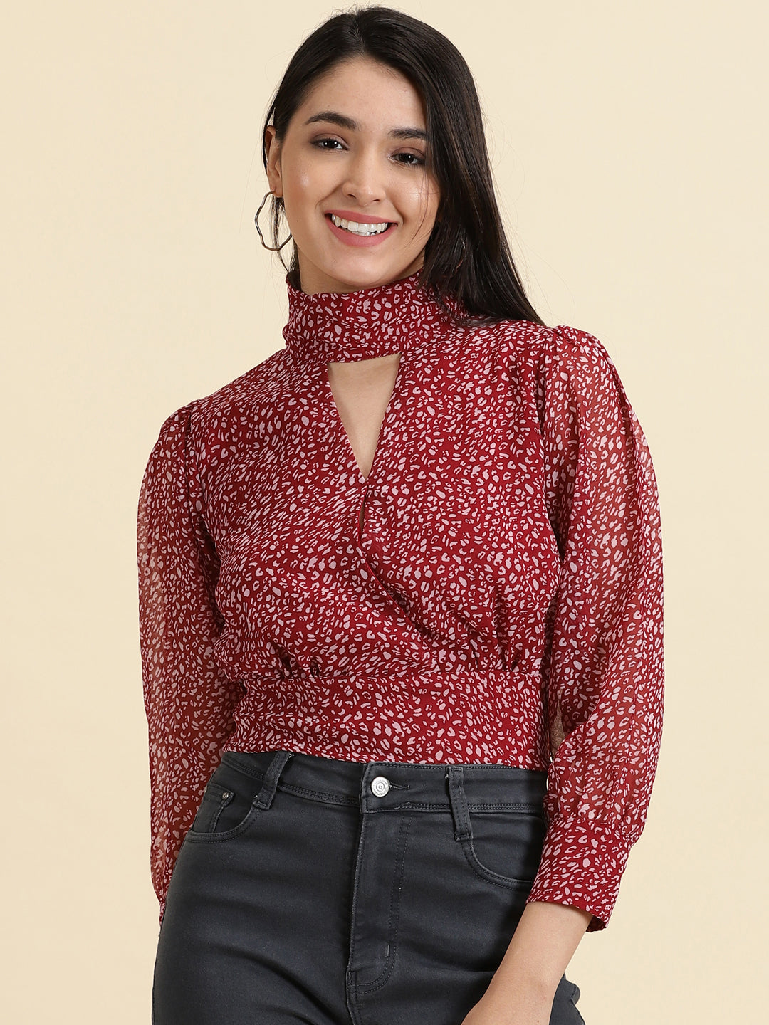 Women's Burgundy Printed Cinched Waist Top