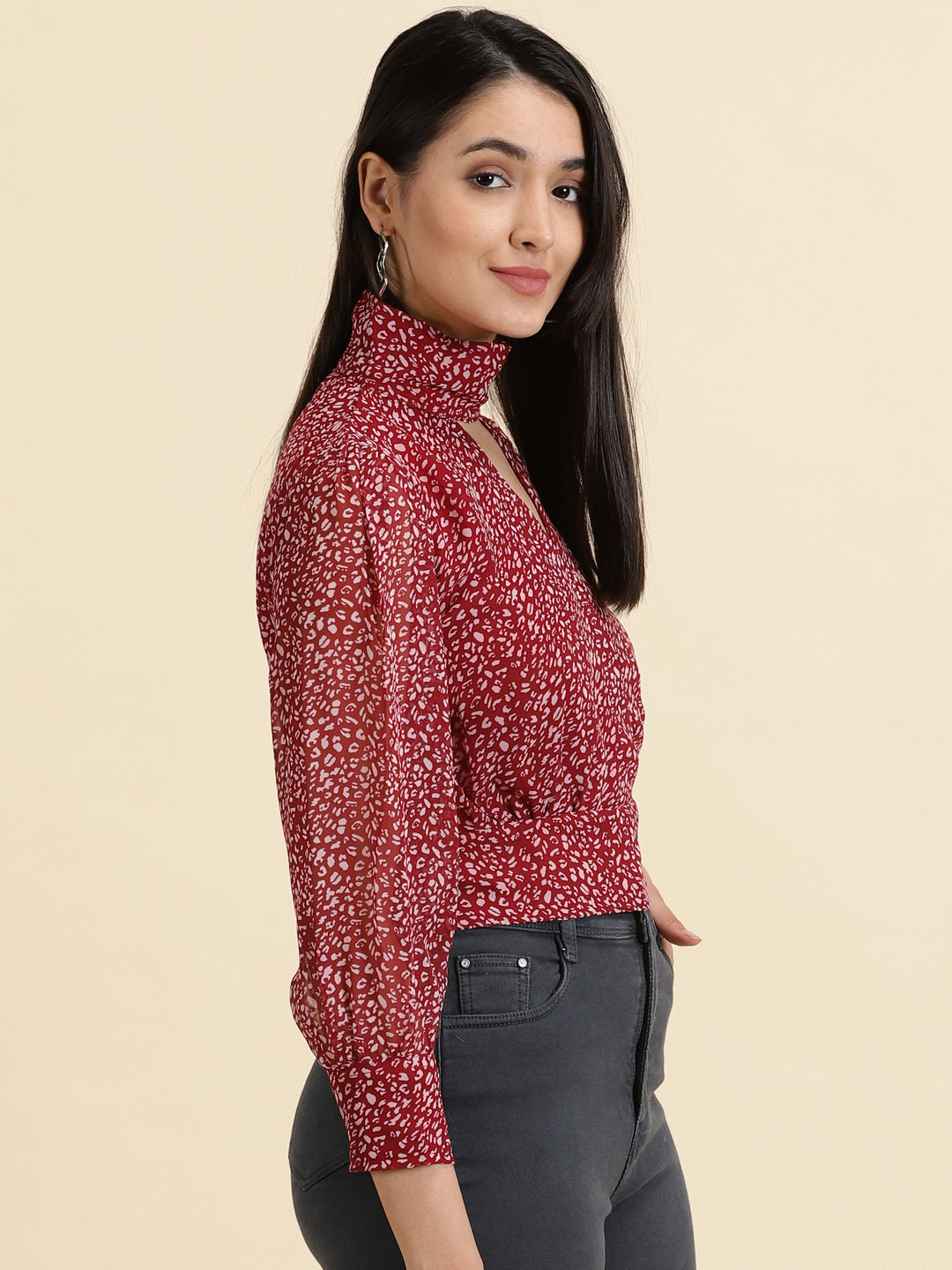 Women's Burgundy Printed Cinched Waist Top