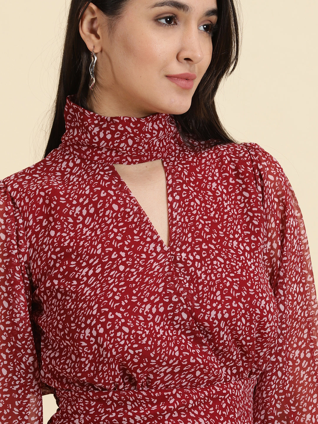 Women's Burgundy Printed Cinched Waist Top