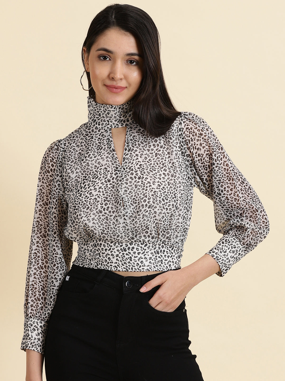 Women's White Printed Cinched Waist Top