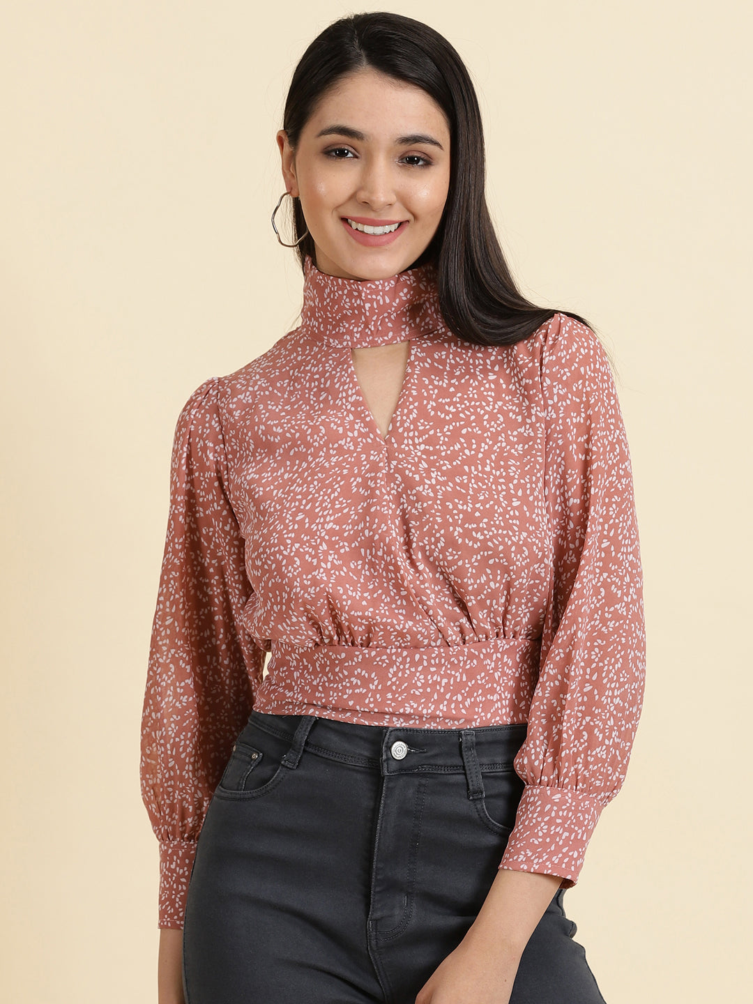 Women's Mauve Printed Cinched Waist Crop Top