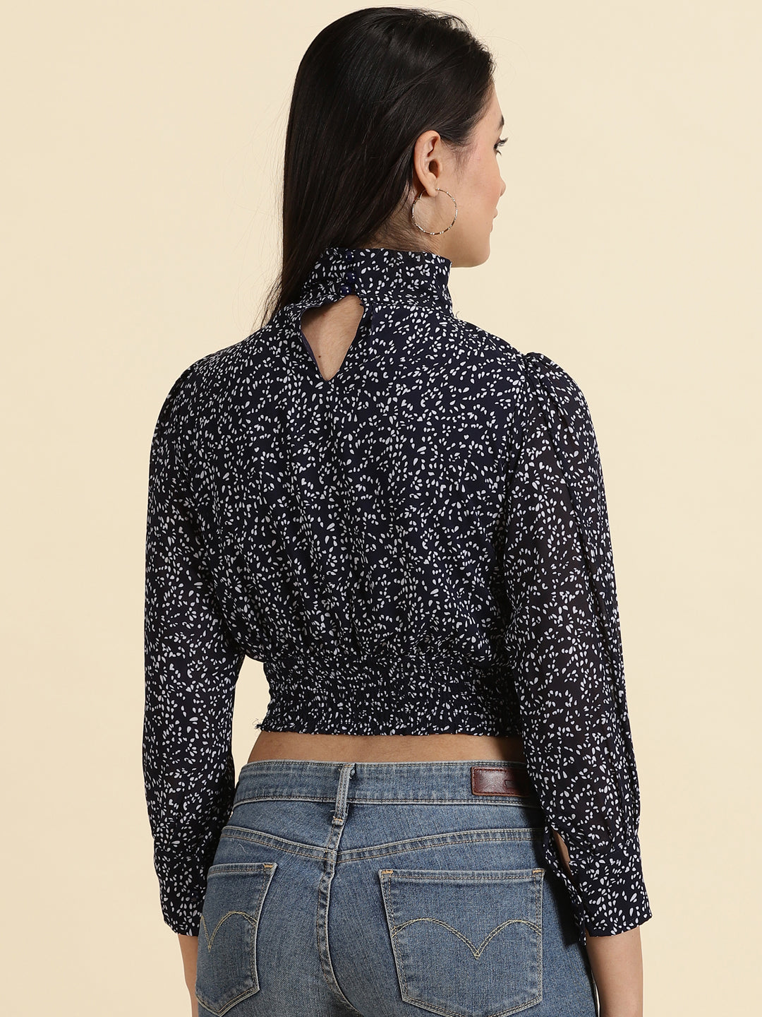 Women's Navy Blue Printed Cinched Waist Crop Top