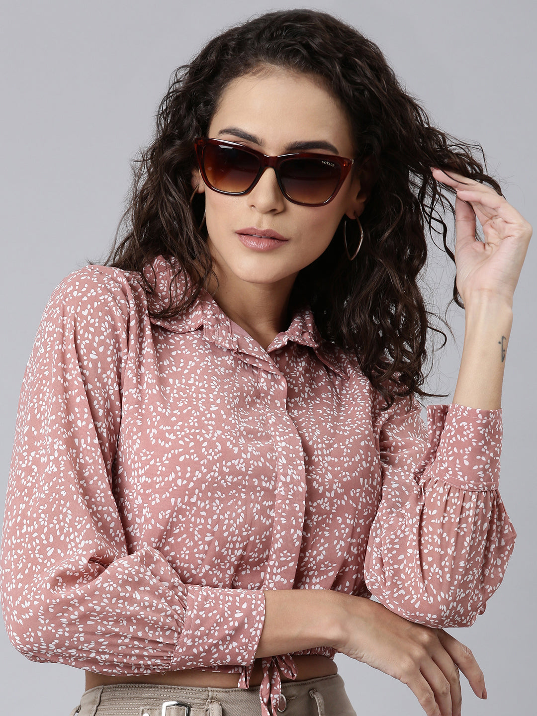 Women Mauve Printed Shirt StyleCrop Top