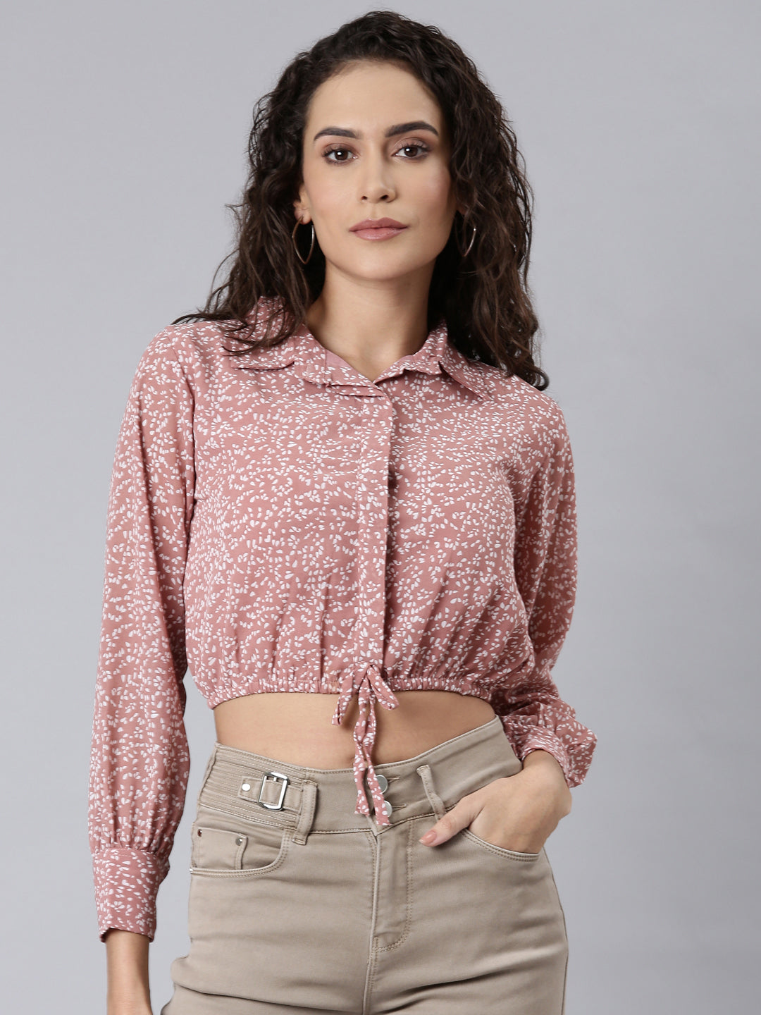 Women Mauve Printed Shirt StyleCrop Top