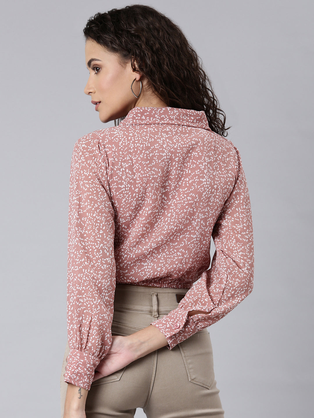 Women Mauve Printed Shirt StyleCrop Top