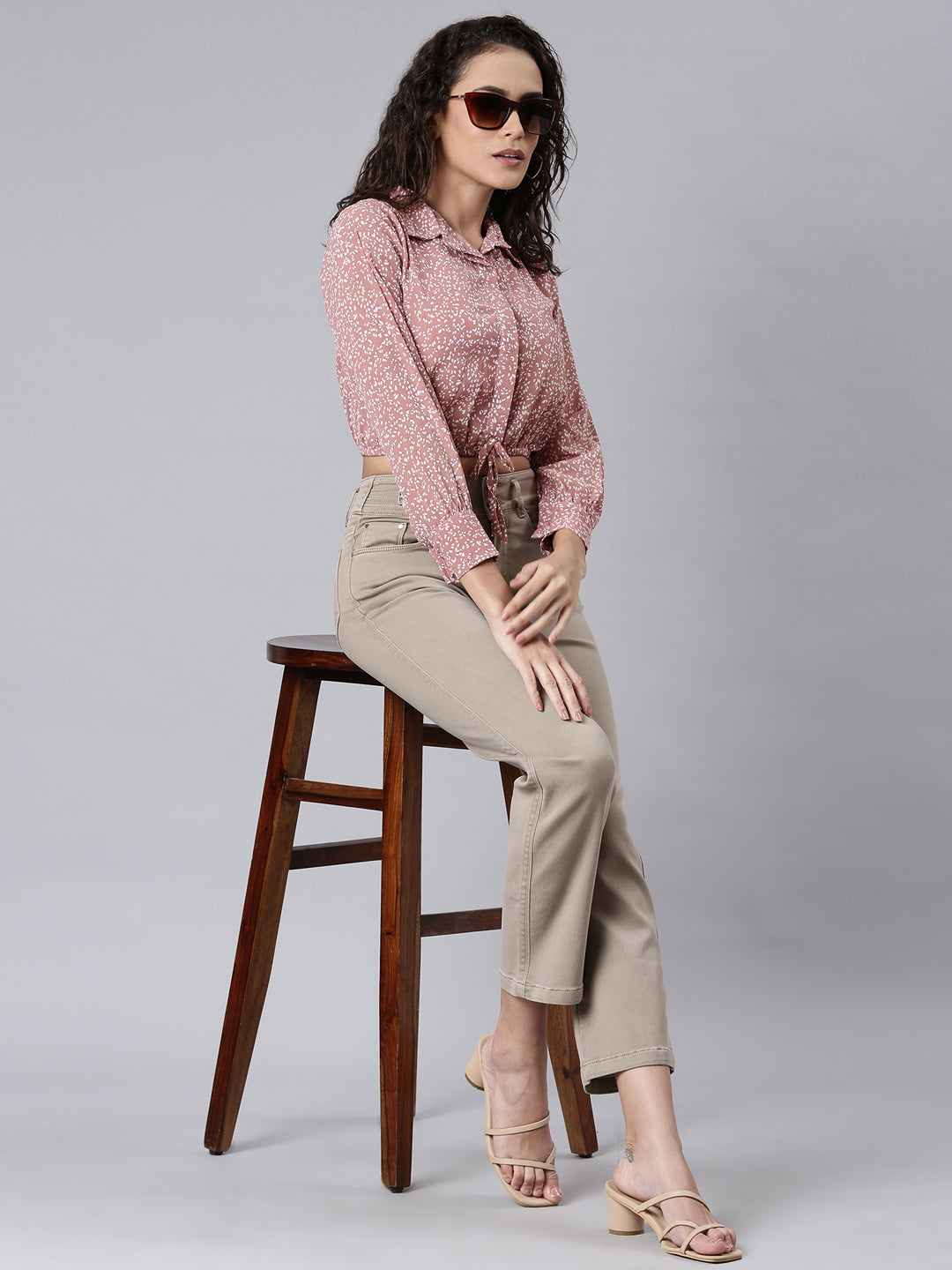 Women Mauve Printed Shirt StyleCrop Top