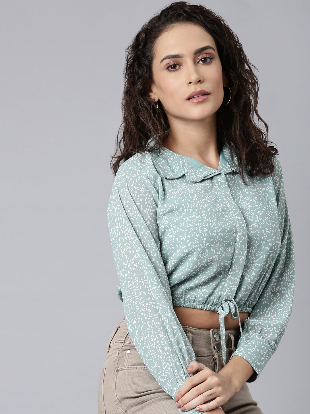 Women Sea Green Printed Shirt StyleCrop Top