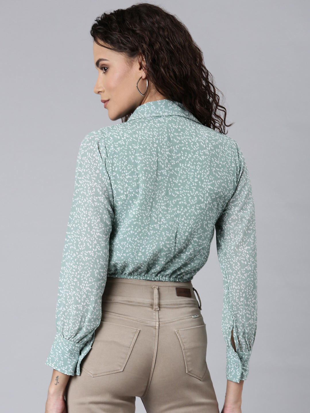 Women Sea Green Printed Shirt StyleCrop Top