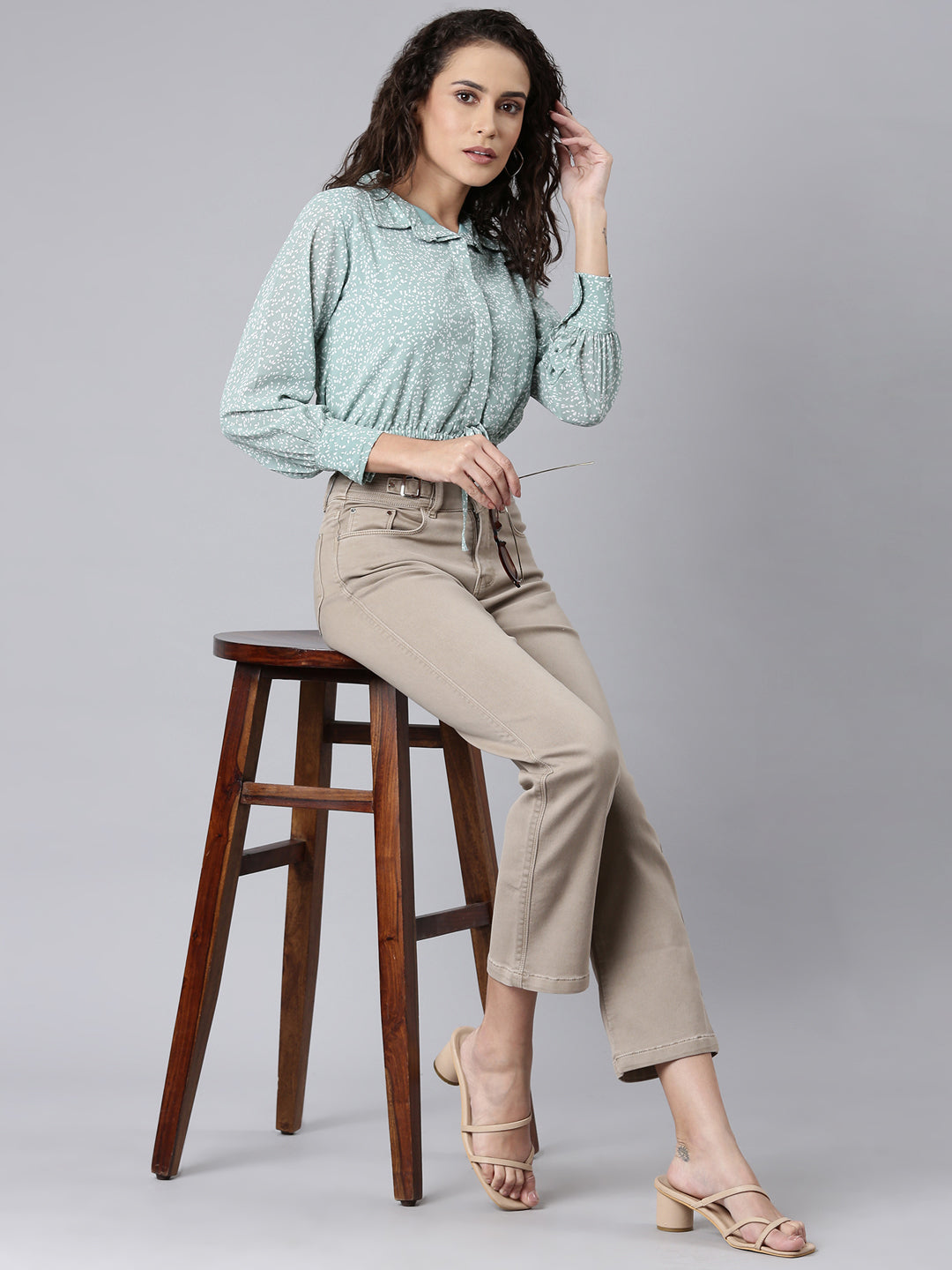 Women Sea Green Printed Shirt StyleCrop Top