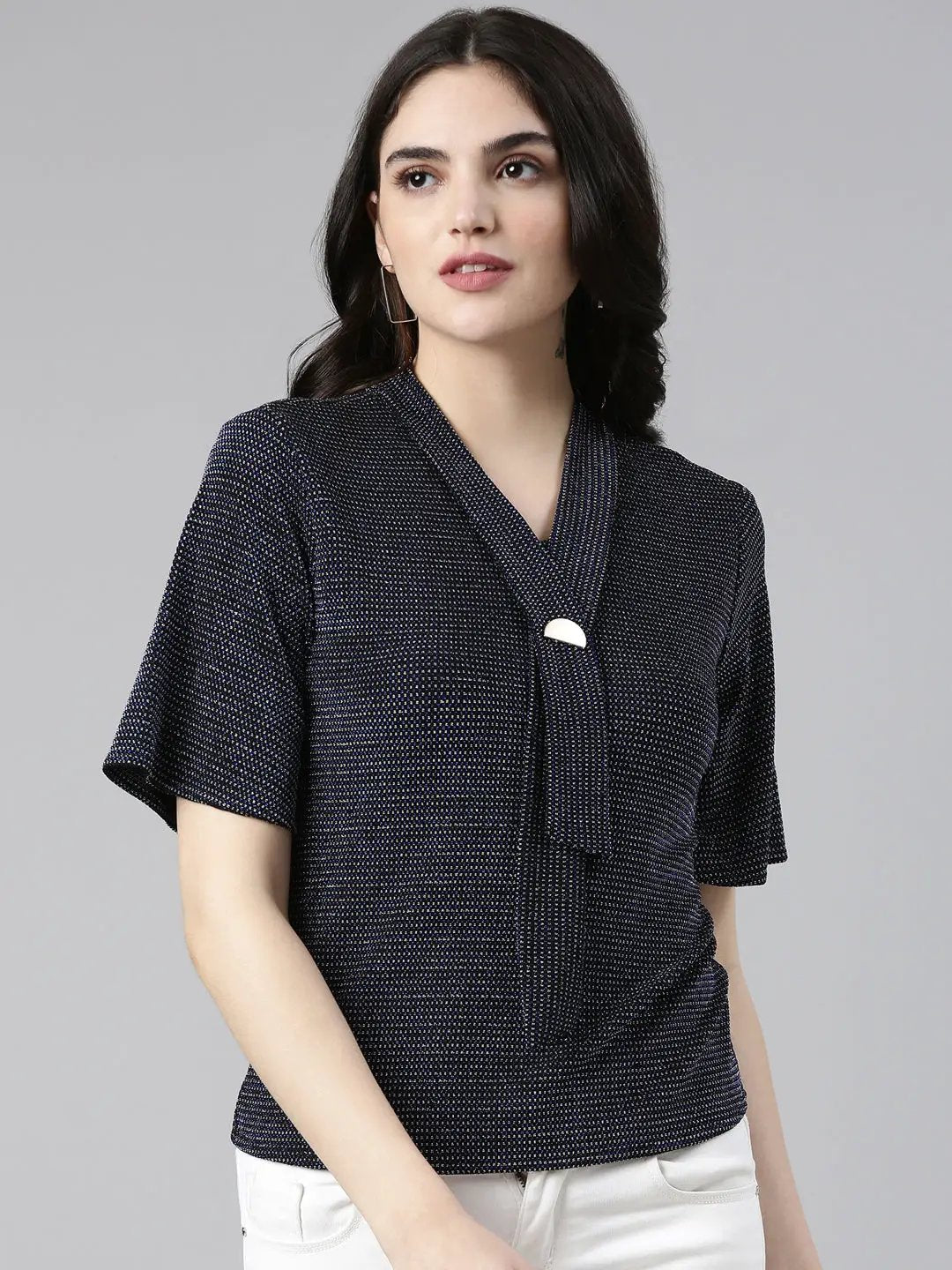 Women's V-Neck Flared Sleeves Embellished Navy Blue Regular Top