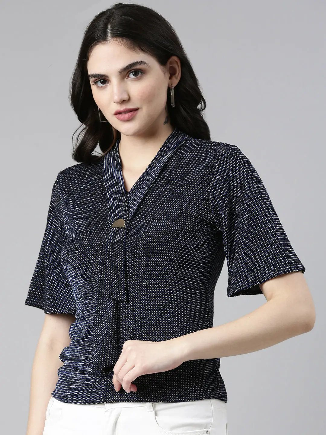 Women's V-Neck Flared Sleeves Embellished Navy Blue Regular Top