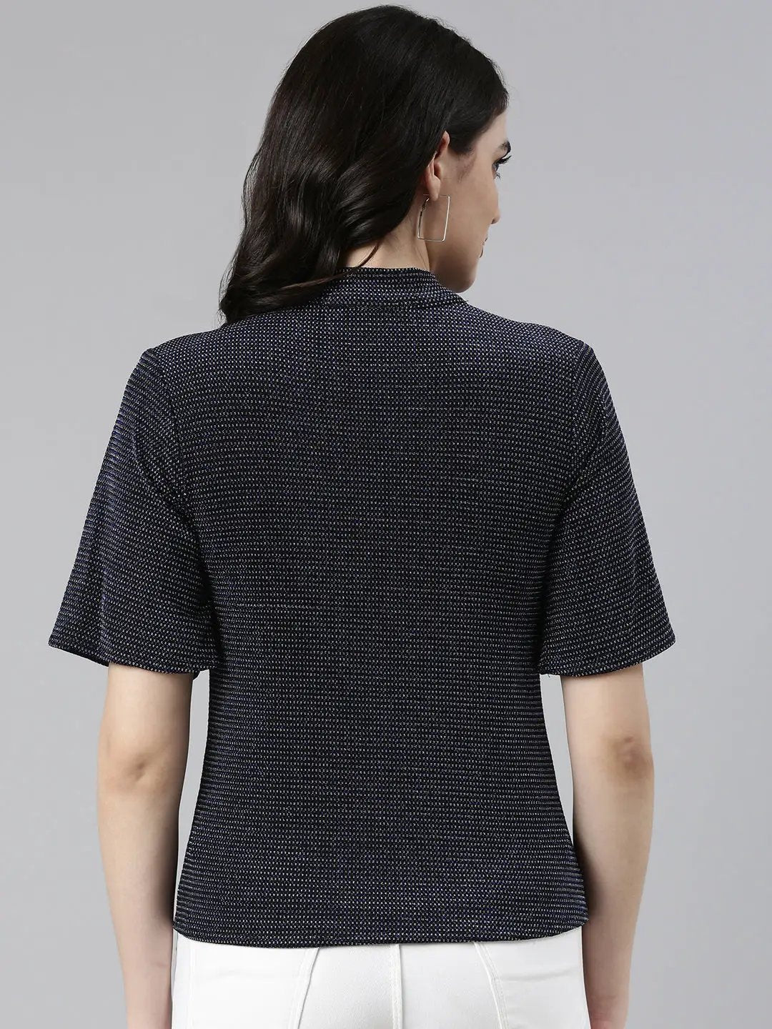 Women's V-Neck Flared Sleeves Embellished Navy Blue Regular Top