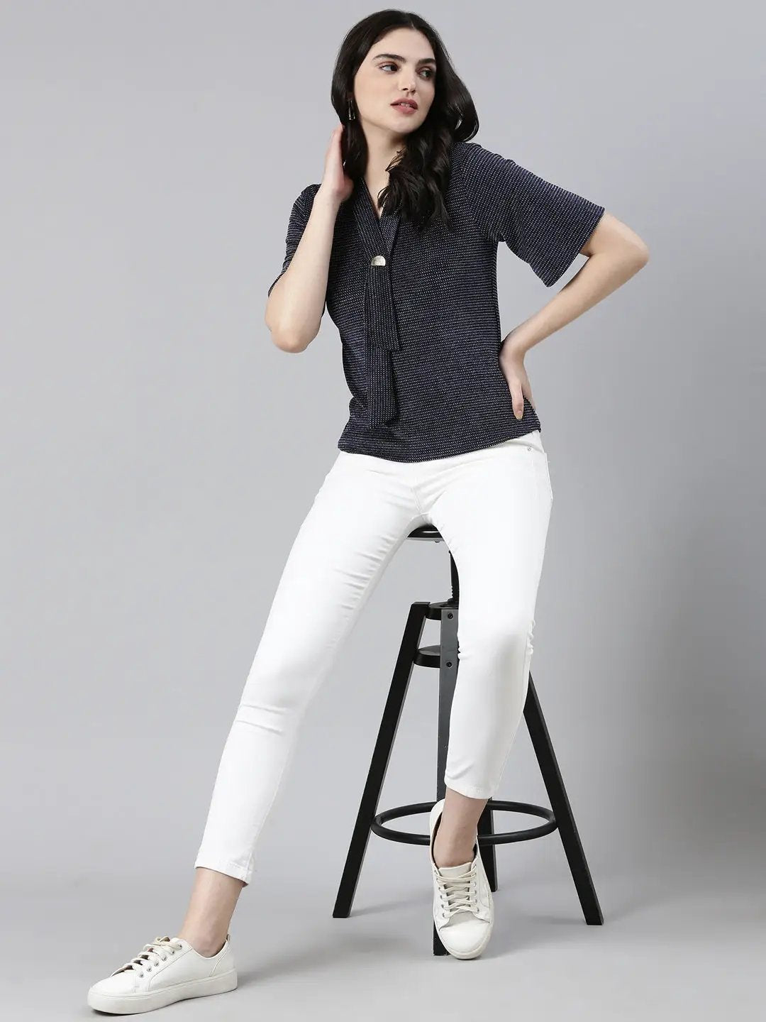 Women's V-Neck Flared Sleeves Embellished Navy Blue Regular Top
