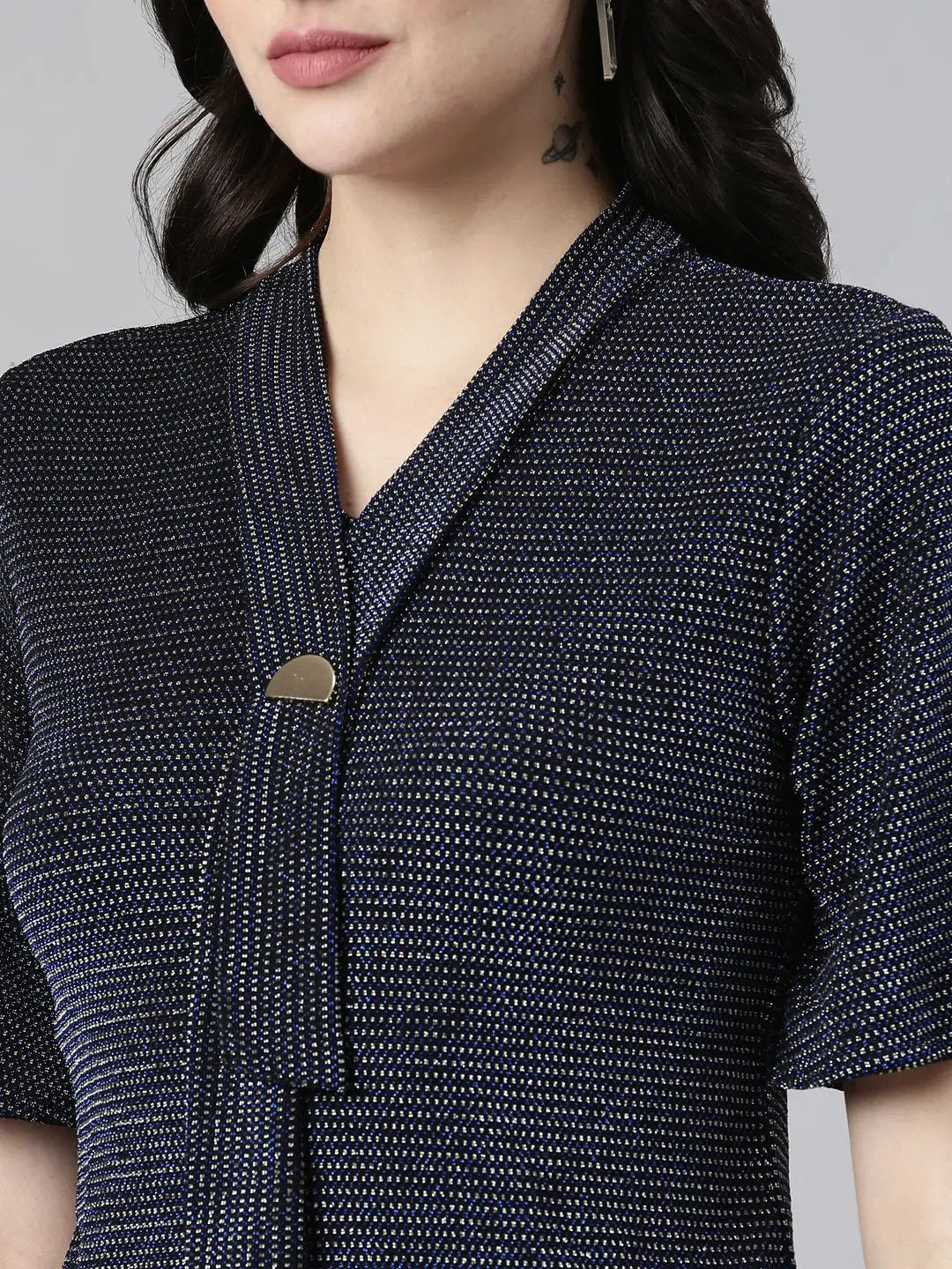 Women's V-Neck Flared Sleeves Embellished Navy Blue Regular Top