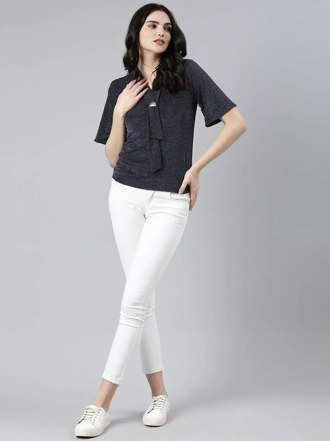 Women's V-Neck Flared Sleeves Embellished Navy Blue Regular Top