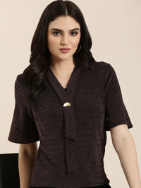 Women's Red Self Design Flared Sleeves Regular Top