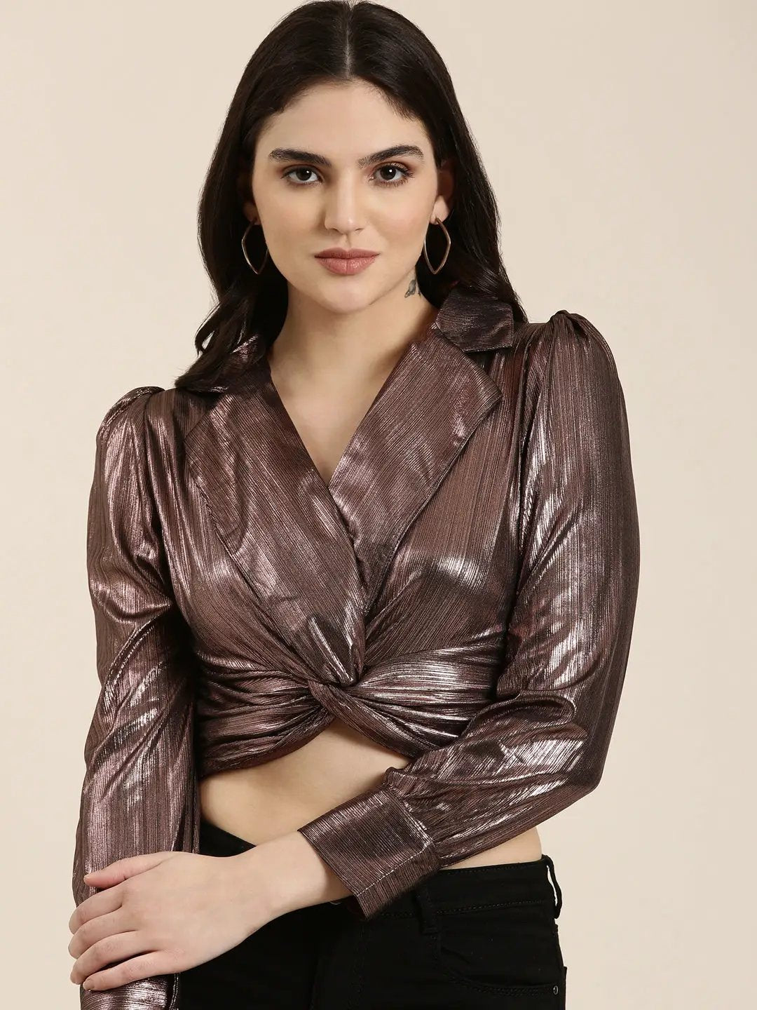 Women's Metallic Embellished Shirt Style Crop Top