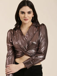 Women's Metallic Embellished Shirt Style Crop Top