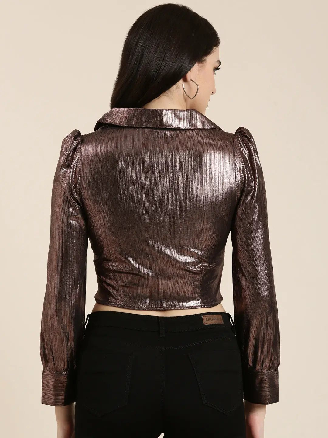 Women's Metallic Embellished Shirt Style Crop Top