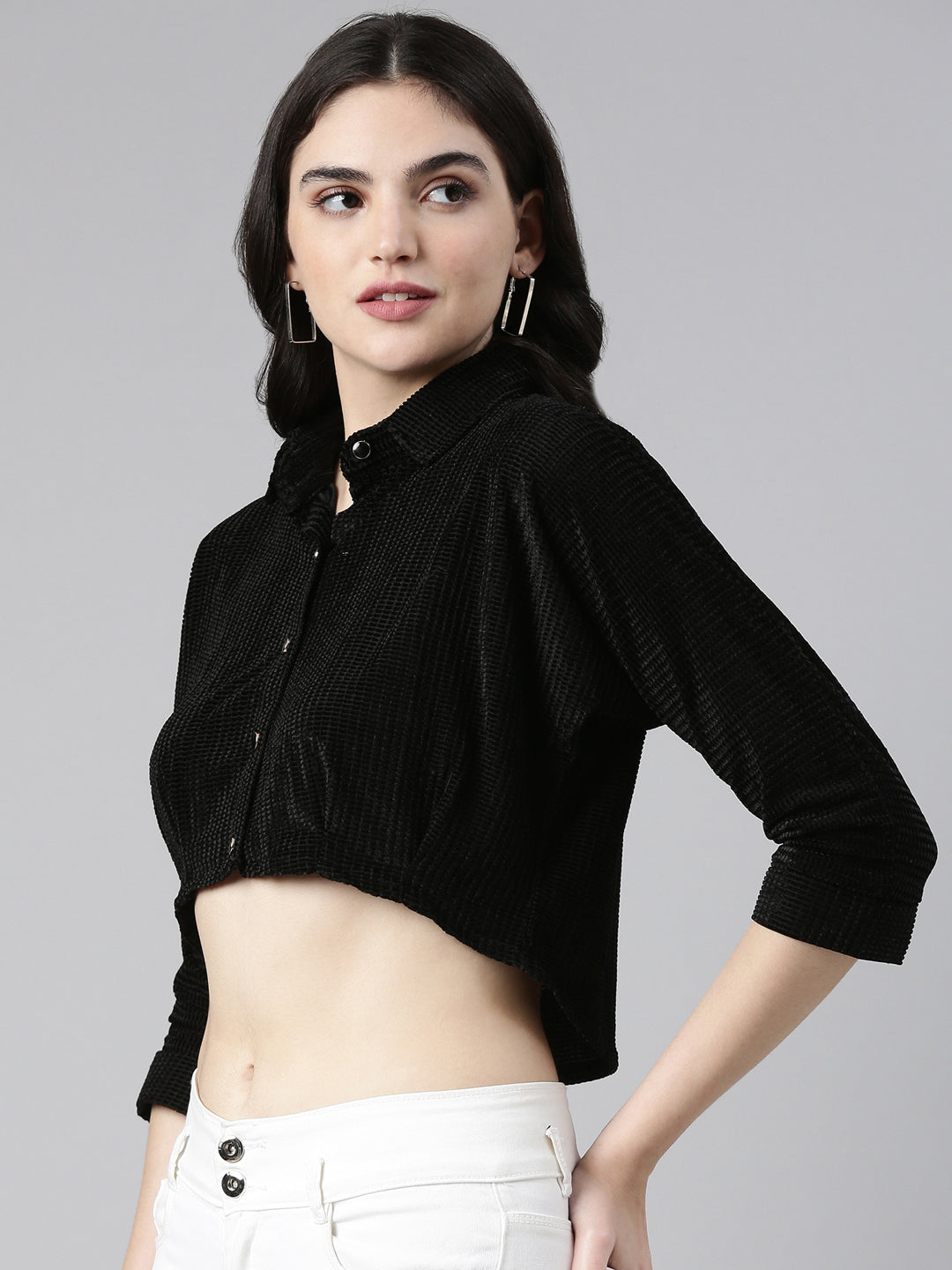 Shirt Collar Kimono Sleeves Self Design Black Crop Top