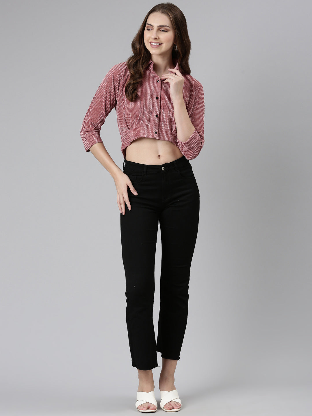 Shirt Collar Kimono Sleeves Self Design Mauve Crop Top