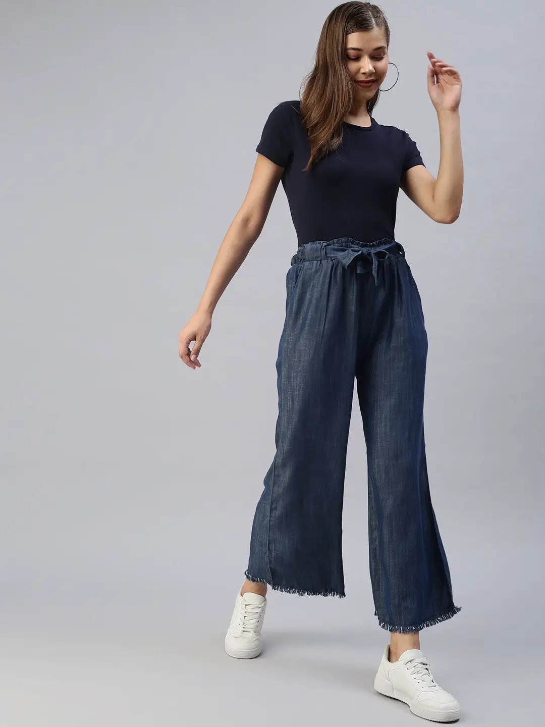 Women's Navy Blue Solid Parallel Trousers