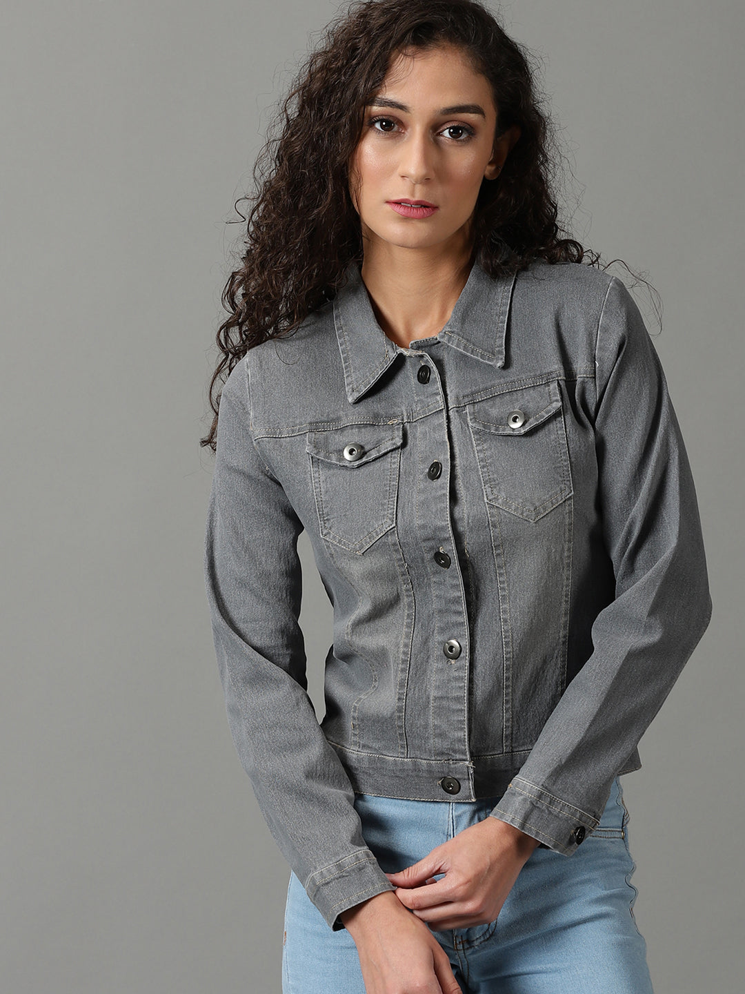 Women's Grey Washed Spread Collar Long Sleeves Denim Jacket