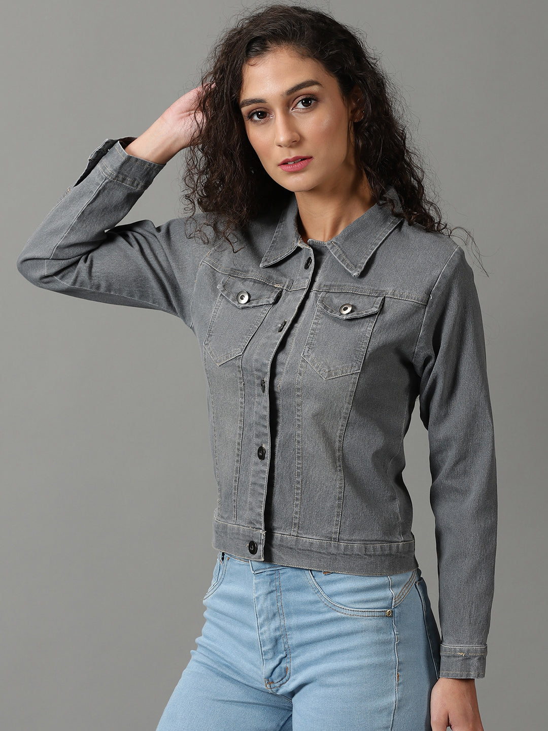 Women's Grey Washed Spread Collar Long Sleeves Denim Jacket