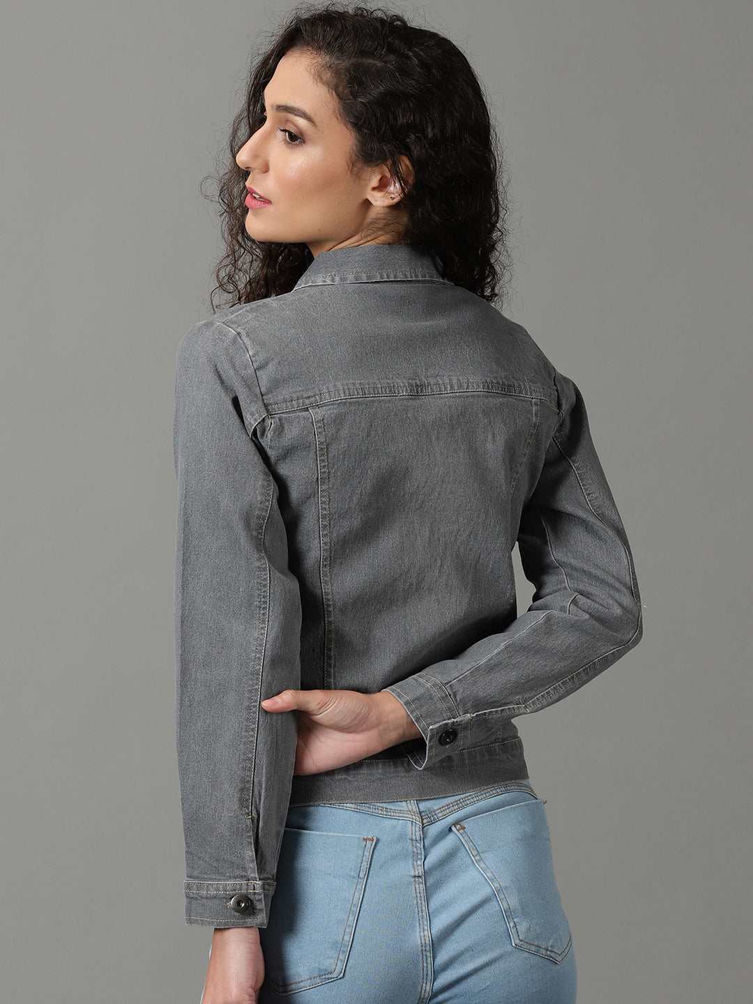 Women's Grey Washed Spread Collar Long Sleeves Denim Jacket