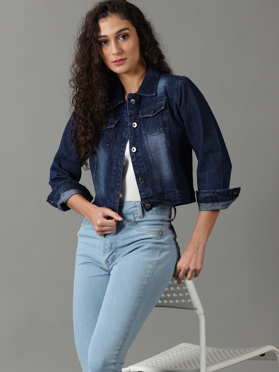 Women's Navy Blue Solid Denim Jacket