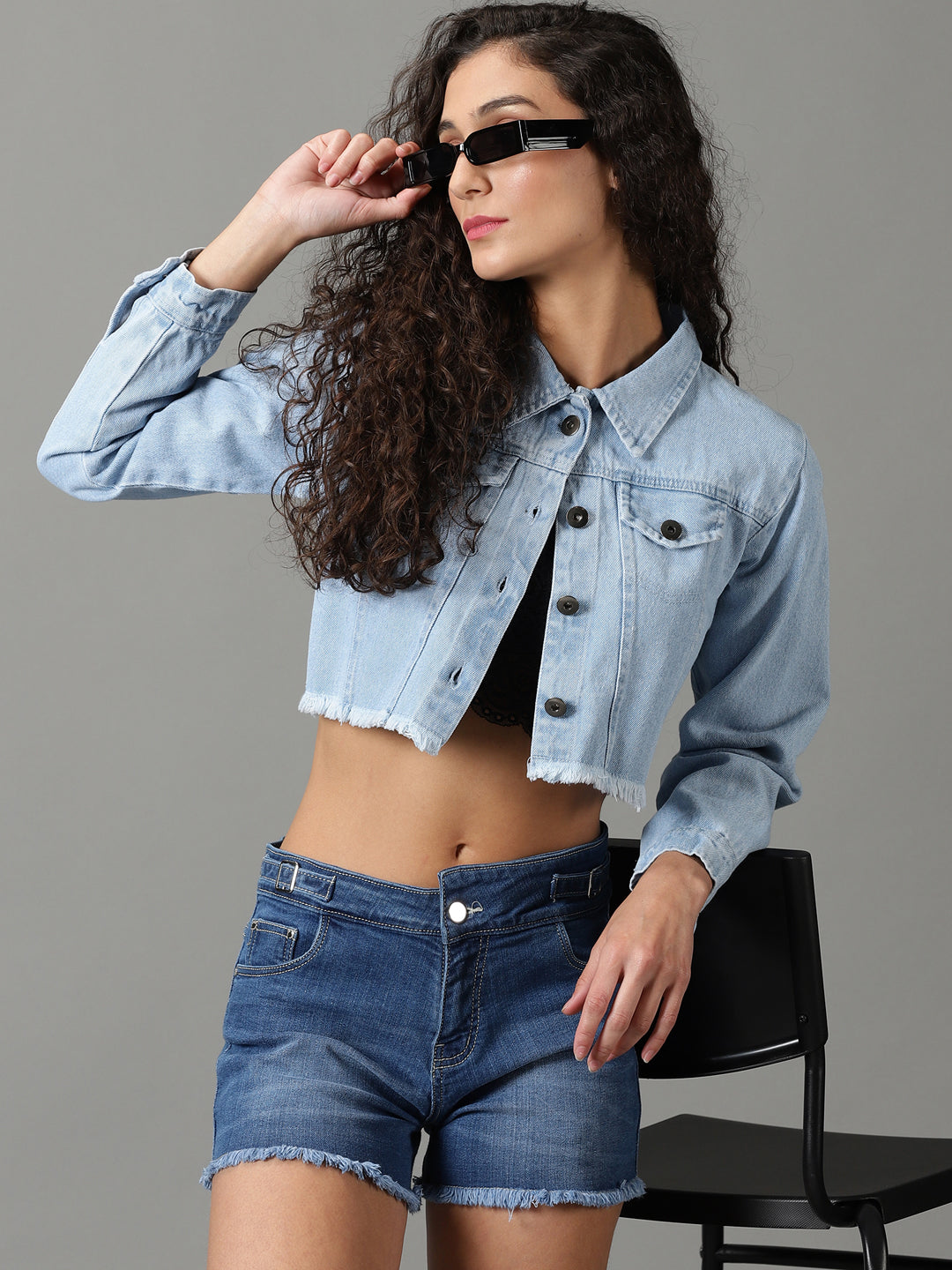 Women's Blue Solid Denim Jacket