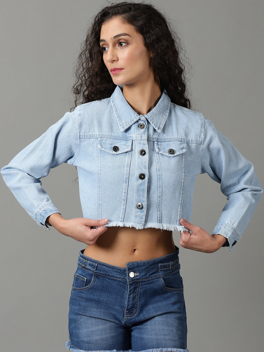 Women's Blue Solid Denim Jacket