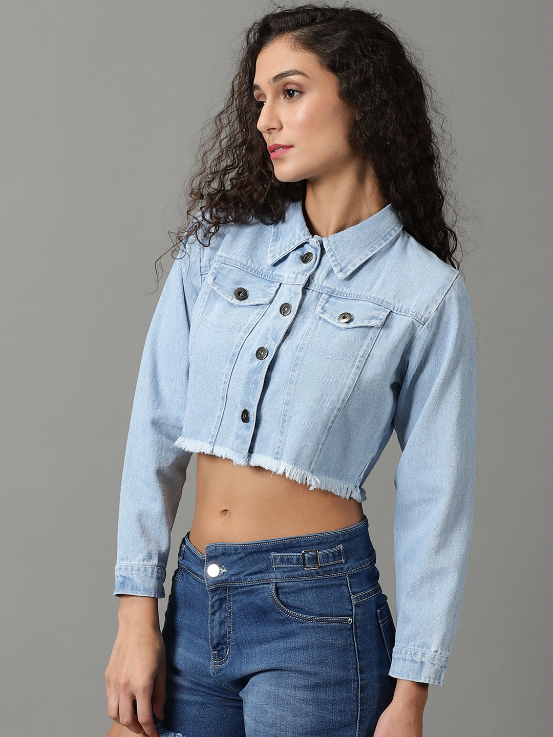 Women's Blue Solid Denim Jacket