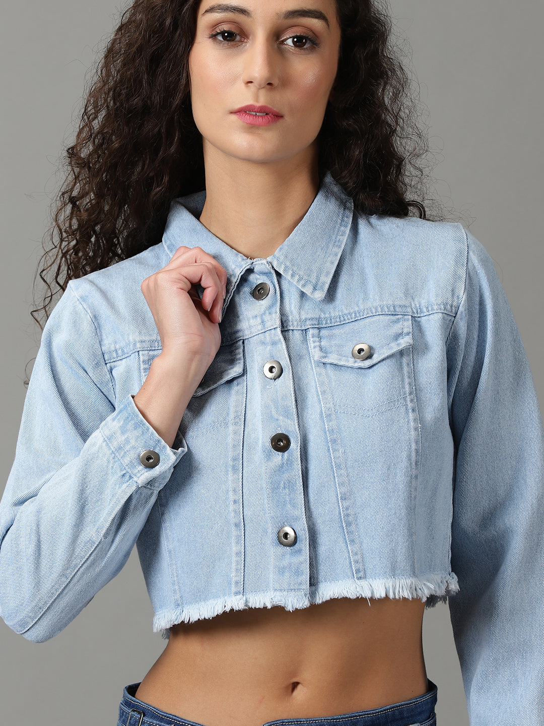 Women's Blue Solid Denim Jacket